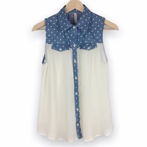 Paper Crane Size Small S Western White Polka Dot‎ Denim Sleeveless Top Shirt